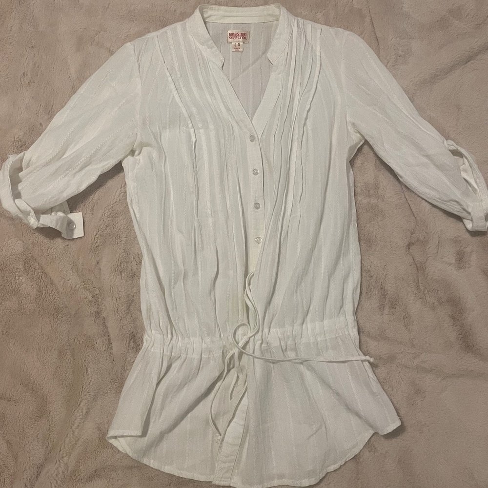 Cotton Blouse Button Up w/ Cinch Tied Waist